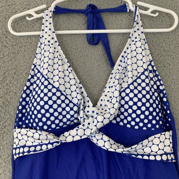 Women's Blue Polka Dot Halter One Piece Swimsuit Retro Color Block XL - Picture 3 of 6